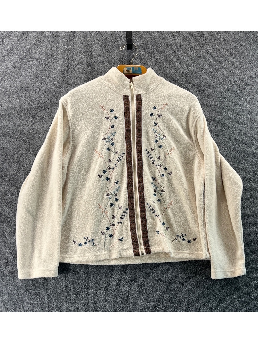 Vintage Teddi Women's Large Cream Fleece Zip-Up Jacket with Floral Embroidery
